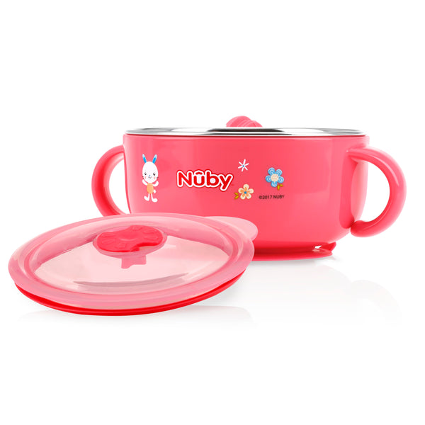 Nuby HK Sale Large Stainless Steel Suction Bowl with Water Reservoir and Lid-Pink