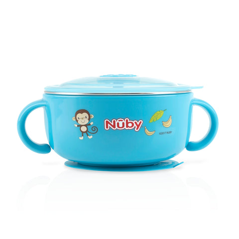 Nuby HK Sale Large Stainless Steel Suction Bowl with Water Reservoir and Lid-Blue