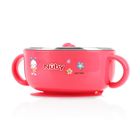 Nuby HK Sale Large Stainless Steel Suction Bowl with Water Reservoir and Lid-Pink