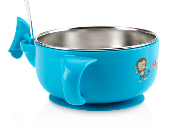 Nuby HK Sale Large Stainless Steel Suction Bowl with Water Reservoir and Lid-Blue